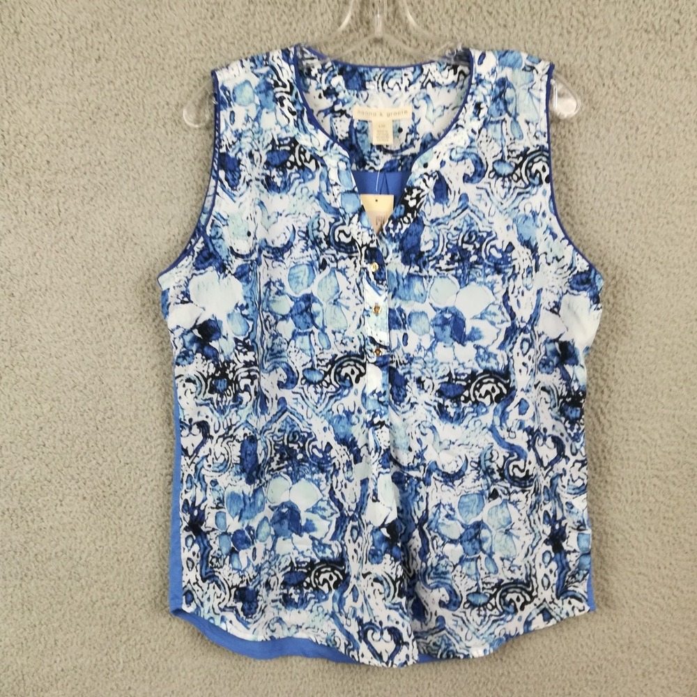 Hanna & Gracie Womens Top Blouse Tank Navy White Teahouse Sleeveless L New